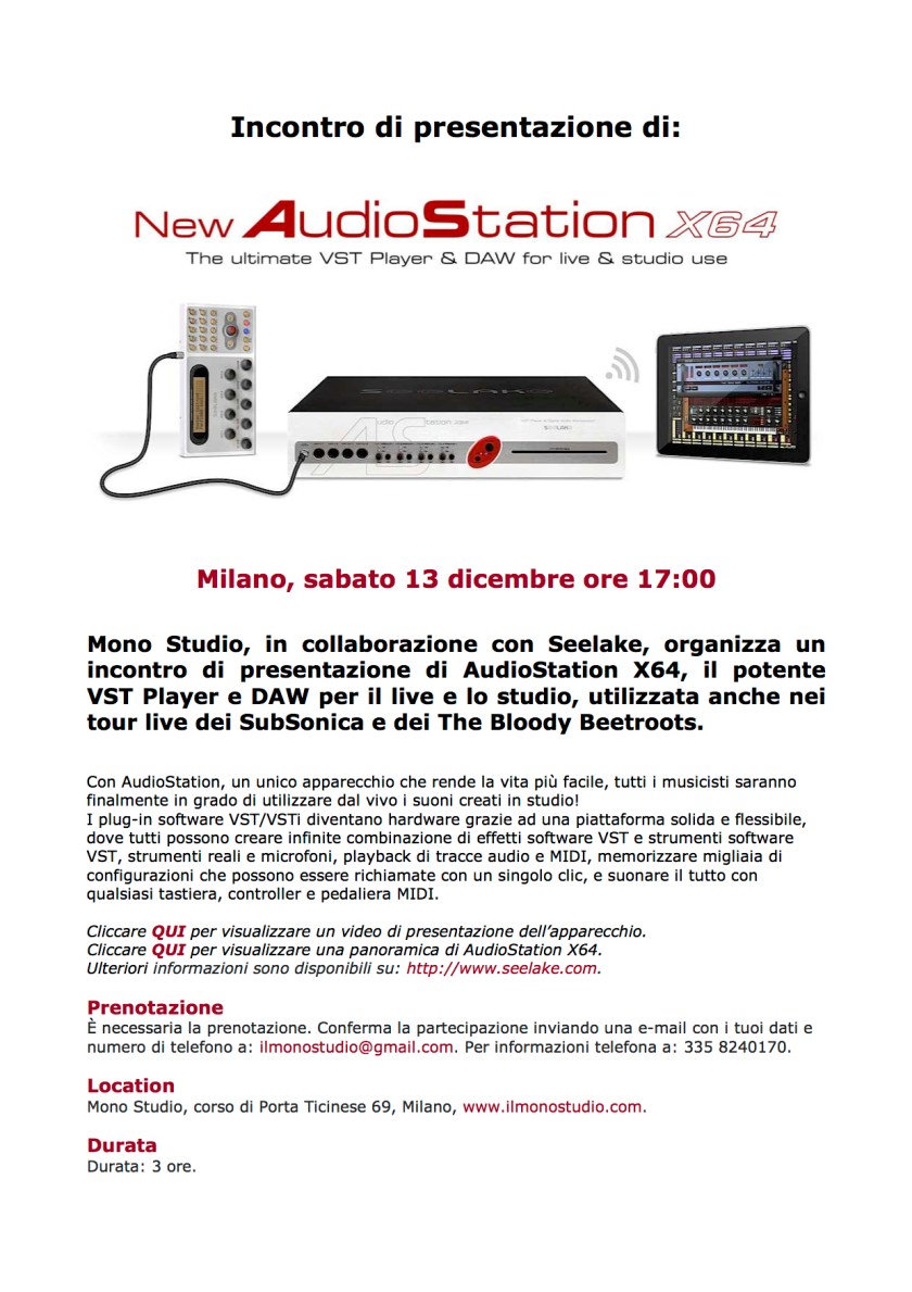 Locandina presentazione AudioStation X64 al Mono Studio J